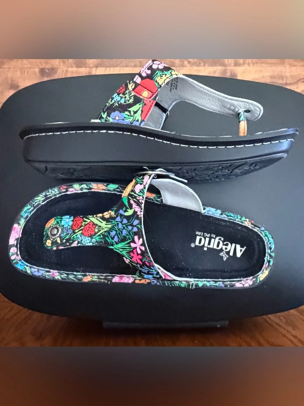 Alegria Floral Multicolor Black Platform Thong Sandals